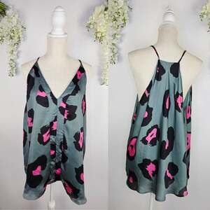 Adrienne Satin Blouse 1X Blue Pink Leopard Print V-Neck Flowy Spaghetti Strap